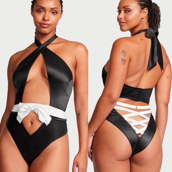 Victoria’s Secret Black White Very Sexy Bow-Topped High-Neck Satin Teddy NEW - Picture 1 of 13